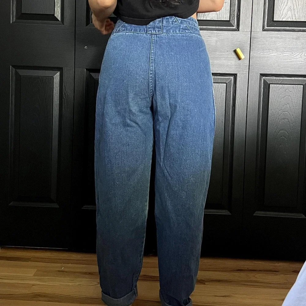 vtg‎ 80s Brittania dark denim mom jeans front double buckle size 11 tapered